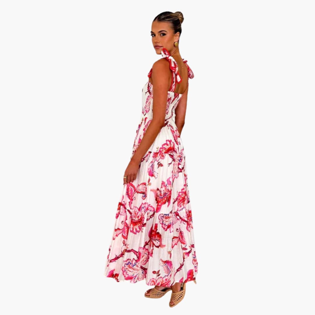 Women's Maxi Dress with Shirred Bodice and Tie Straps