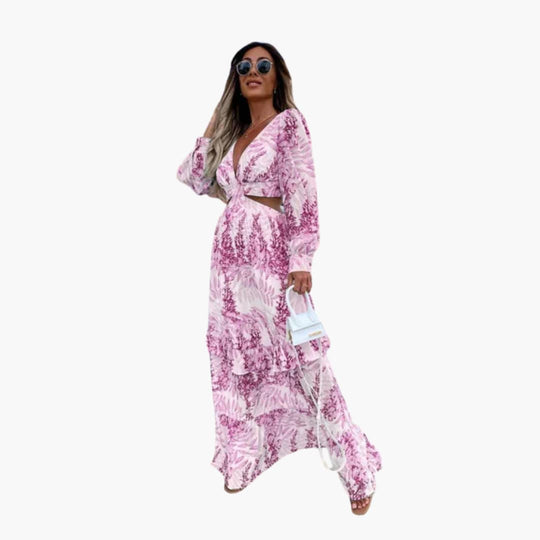 Women's Long Dress with Fitted Waist and Cut-Out Detail