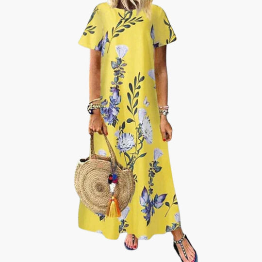 Women's Maxi Dress with Round Neck and Short Sleeves