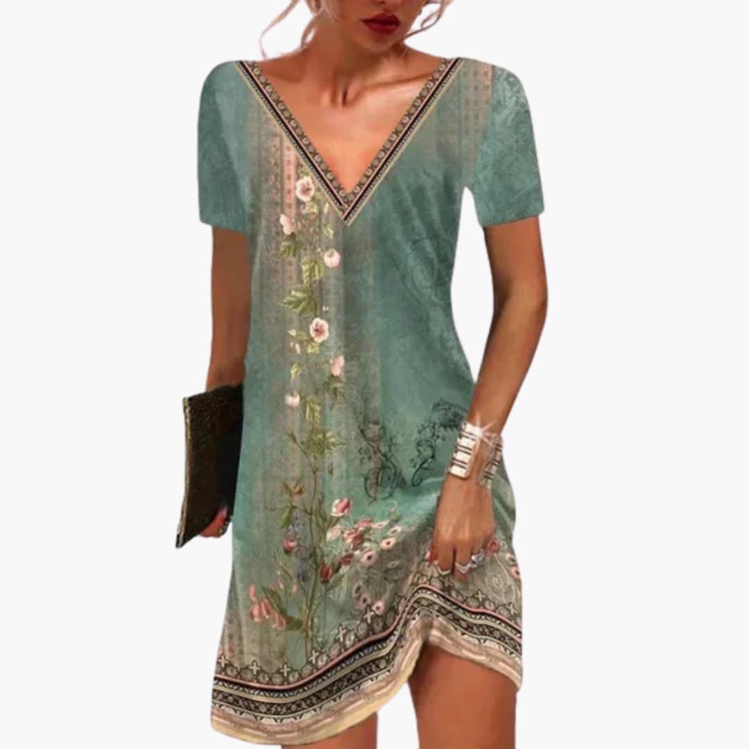 Women's Mini Dress with V-Neck and Short Sleeves