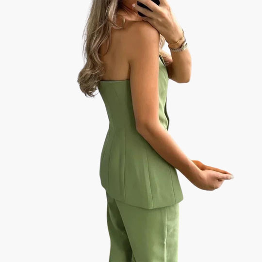 Women's Strapless Two-Piece Co-Ord Set with Strapless Top and Wide-Leg Trousers