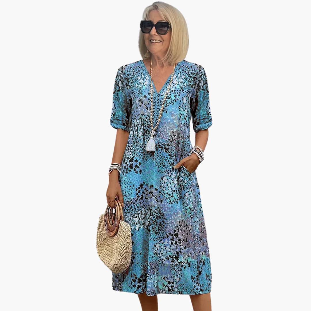 Women's Midi Dress with Short Sleeves and V-Neck in Floral Pattern