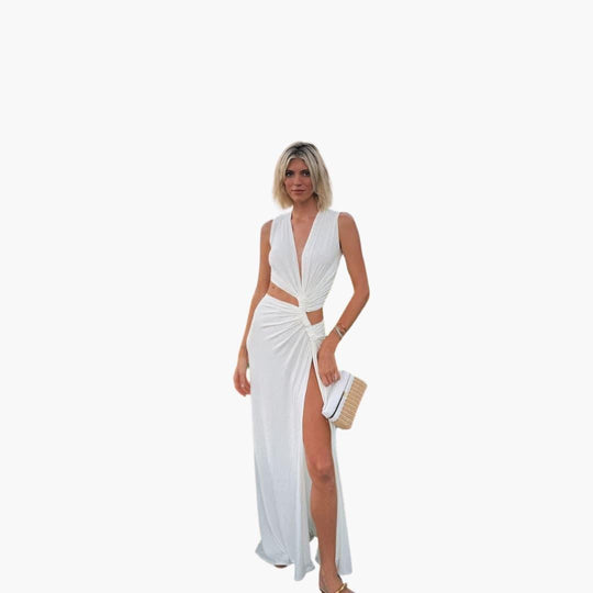 Women's High-Slit Maxi Dress with V-Neck and Cut-Out Detail