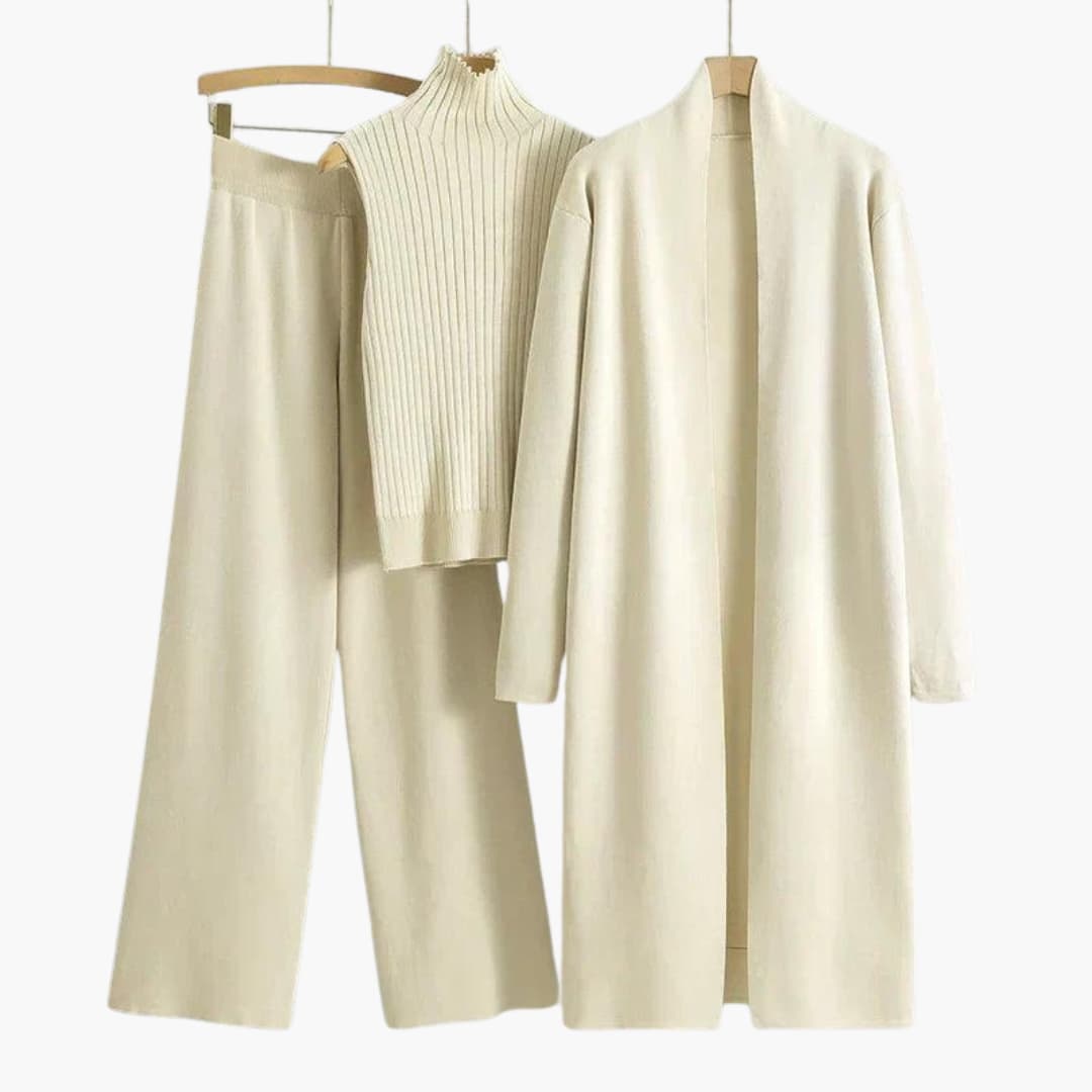 Women’s Three-Piece Knit Set with Sleeveless Roll Neck and Wide-Leg Trousers