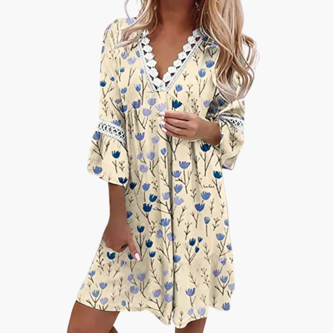 Women's Boho Dress with V-Neck and Lace Trim