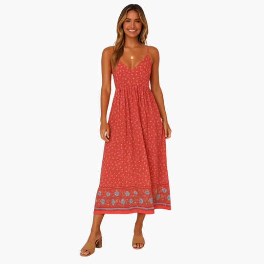 Women's Maxi Dress with Boho Floral Print and Thin Straps
