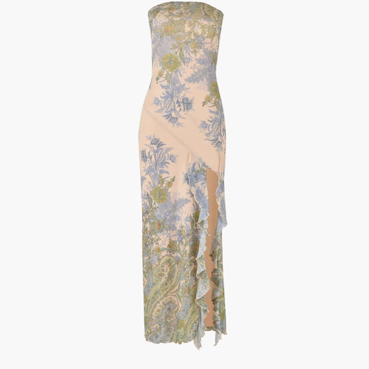 Women’s strapless maxi dress with high slit and floral print