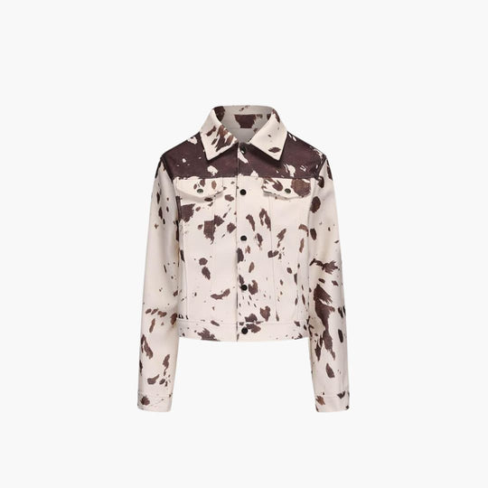 Women’s Denim Jacket with Cow Print and Button-Up Front