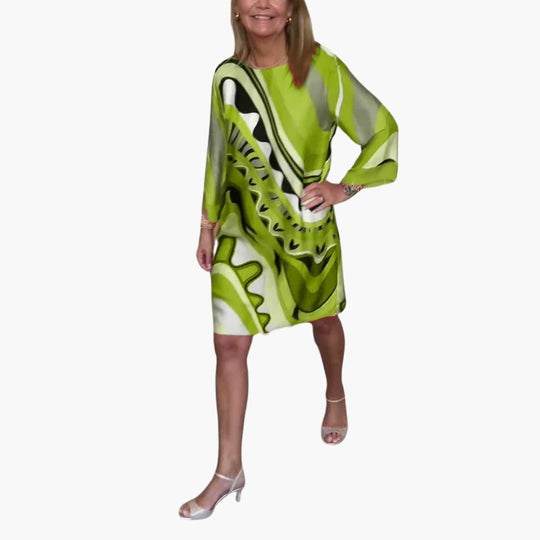 Women's Printed Midi Dress with Bell Sleeves and V-Neck