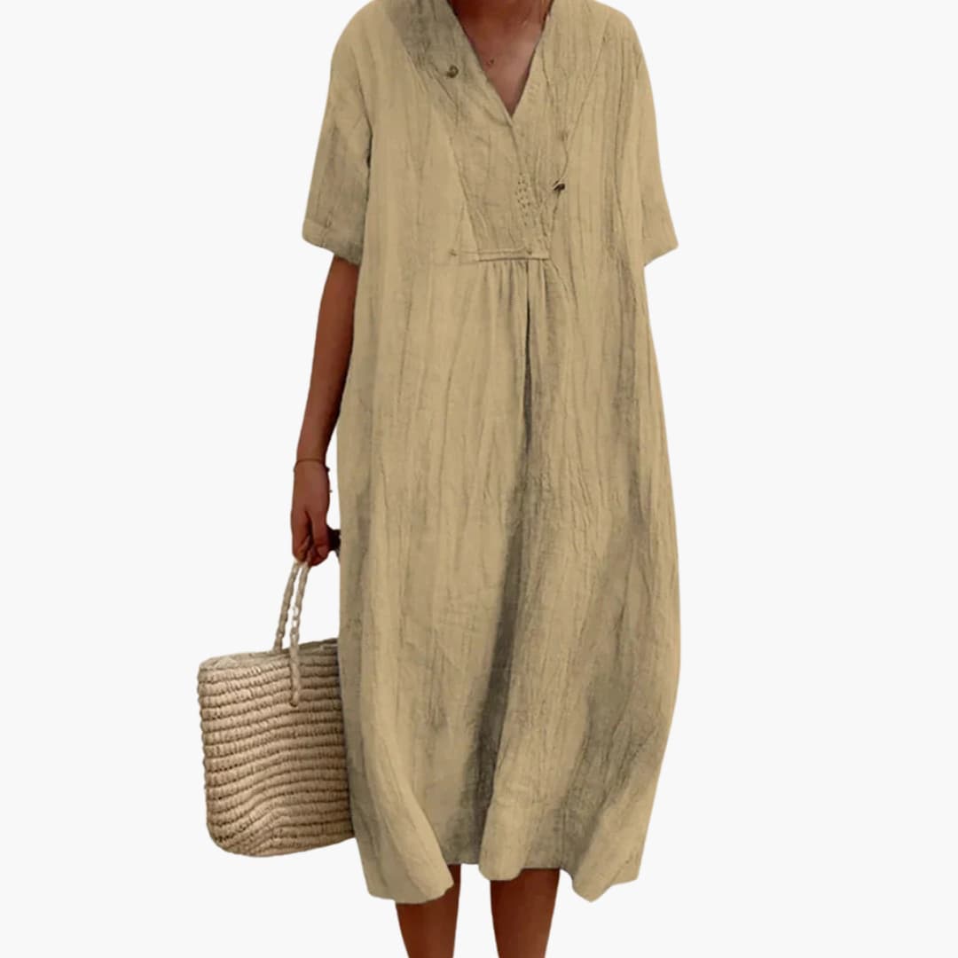 Women's Midi Dress with V-Neck and Short Sleeves