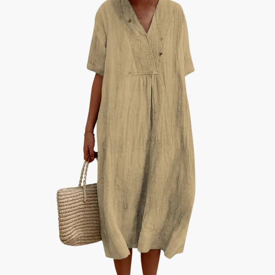 Women's Midi Dress with V-Neck and Short Sleeves