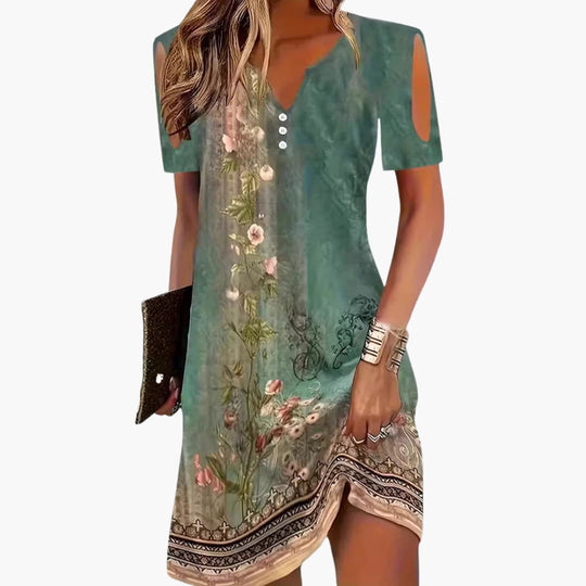Women's Midi Dress with V-Neck and Shoulder Cut-Outs