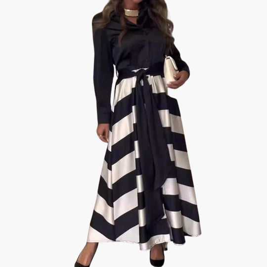 Women's Satin Maxi Dress with Long Sleeves and Waist Tie