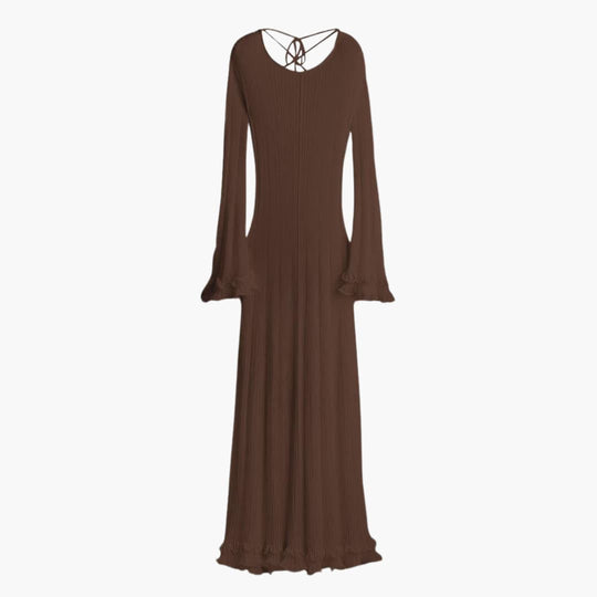 Women’s Knit Maxi Dress with Open Back and Trumpet Sleeves