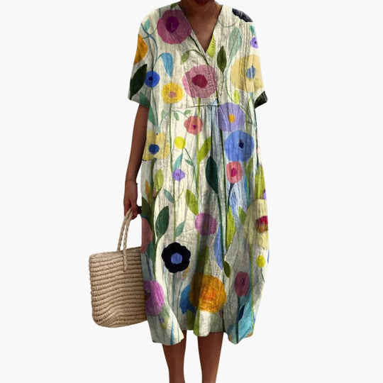 Women's Floral Midi Dress with V-Neck and Short Sleeves