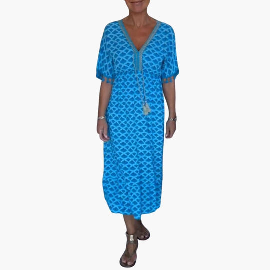 Women's Floral Print Midi Dress with Short Sleeves and V-neck