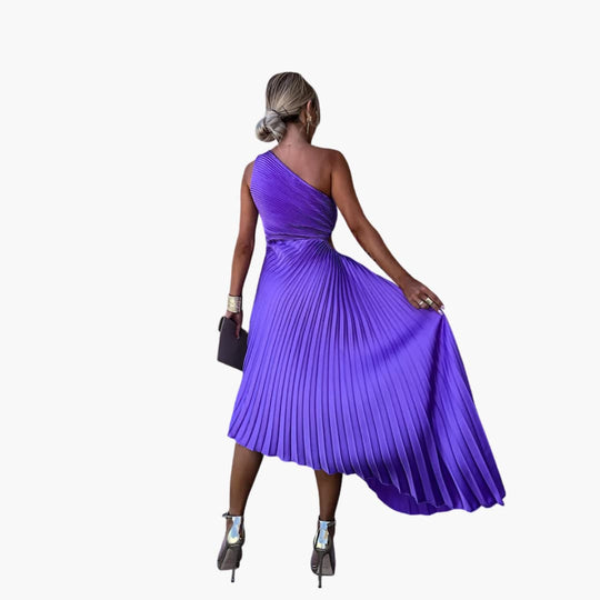 Women's Midi Dress with One-Shoulder Neckline and Pleated Design
