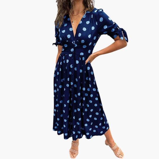 Women's Midi Dress with V-Neck and Belted Waist
