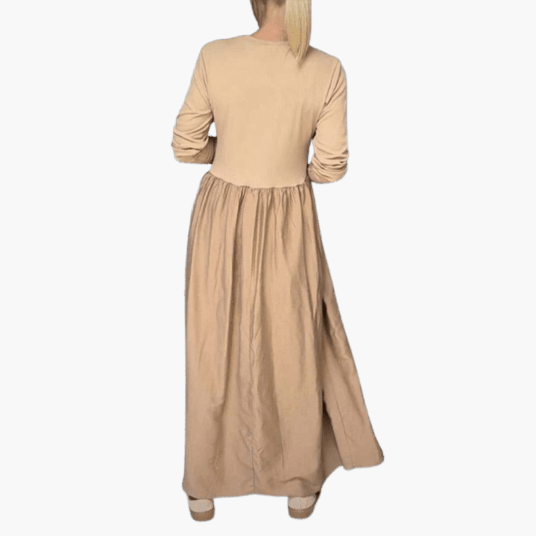 Women's Long Sleeve Midi Dress with Elastic Waist and Pockets