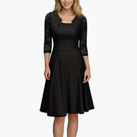 Women’s A - Line Dress with Lace Sleeves and Flared Skirt