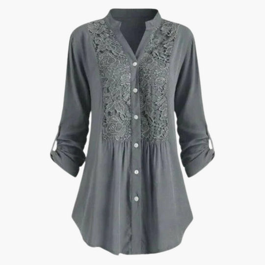 Women’s Long Blouse with Puff Sleeves and Lace Detail