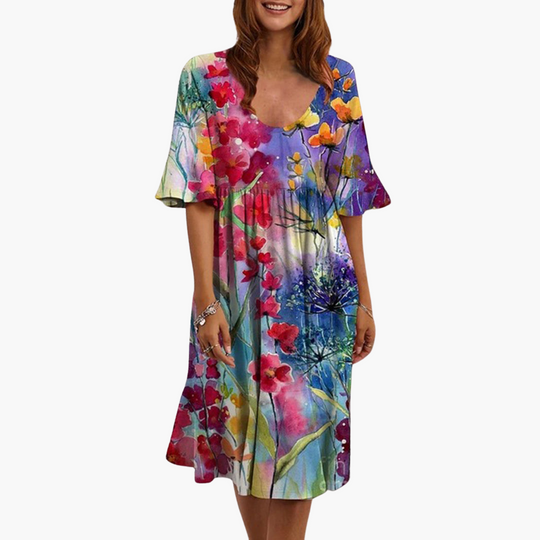 Women's Boho Dress with Flutter Sleeves and Floral Print
