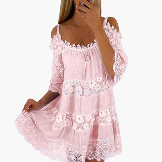 Women’s Cold Shoulder Dress with Lace Detailing and Short Sleeves