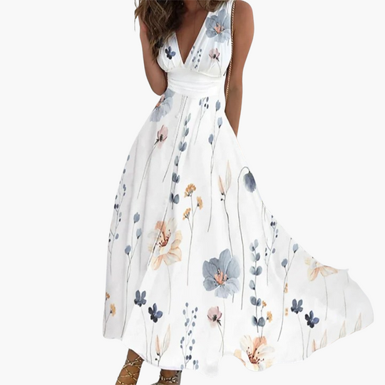 Women’s Floral Maxi Dress with V-Neck and Adjustable Waist