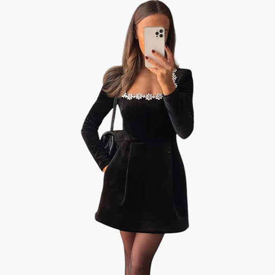Women's Mini Dress with V-Neck and Pearl Detailing