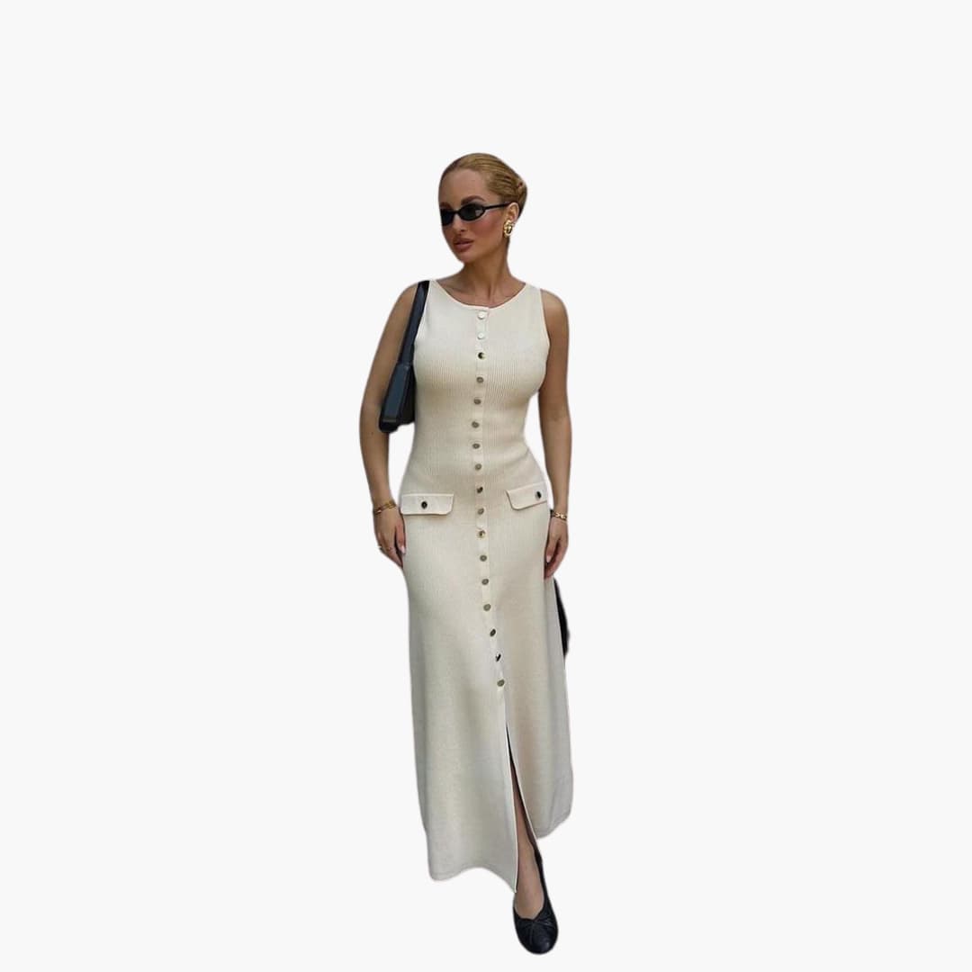 Women's Maxi Dress with Button-Front Fastening and Ribbed Texture
