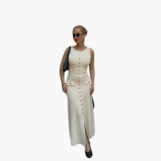 Women's Maxi Dress with Button-Front Fastening and Ribbed Texture