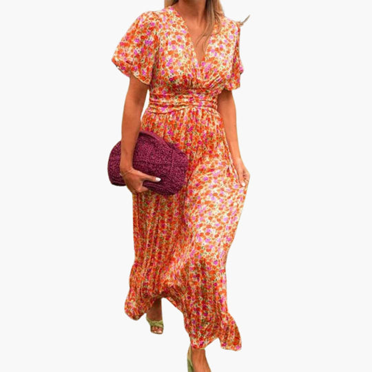 Women's Maxi Dress with Gathered Waist and Floral Print