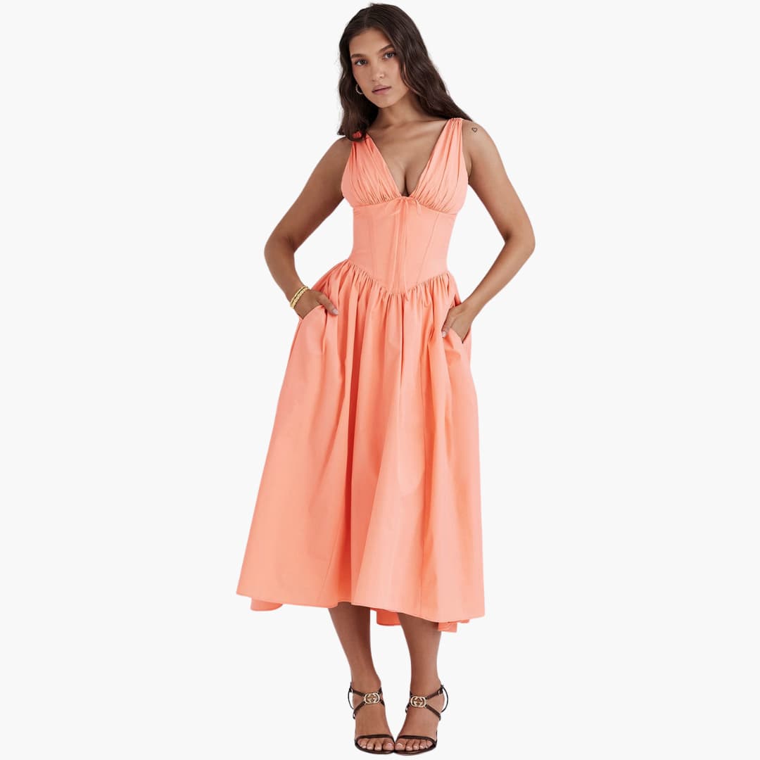 Women's Summer Midi Dress with Deep V-Neckline and Pockets