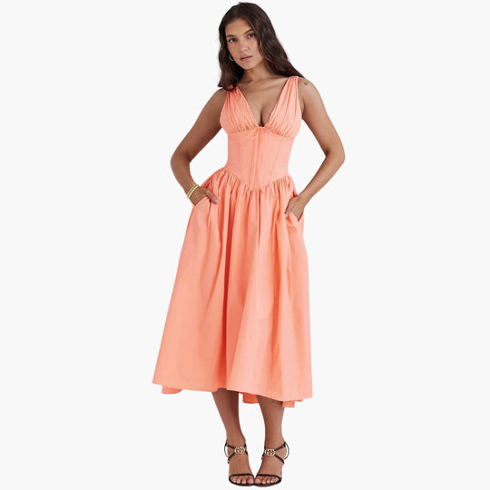 Women's Summer Midi Dress with Deep V-Neckline and Pockets