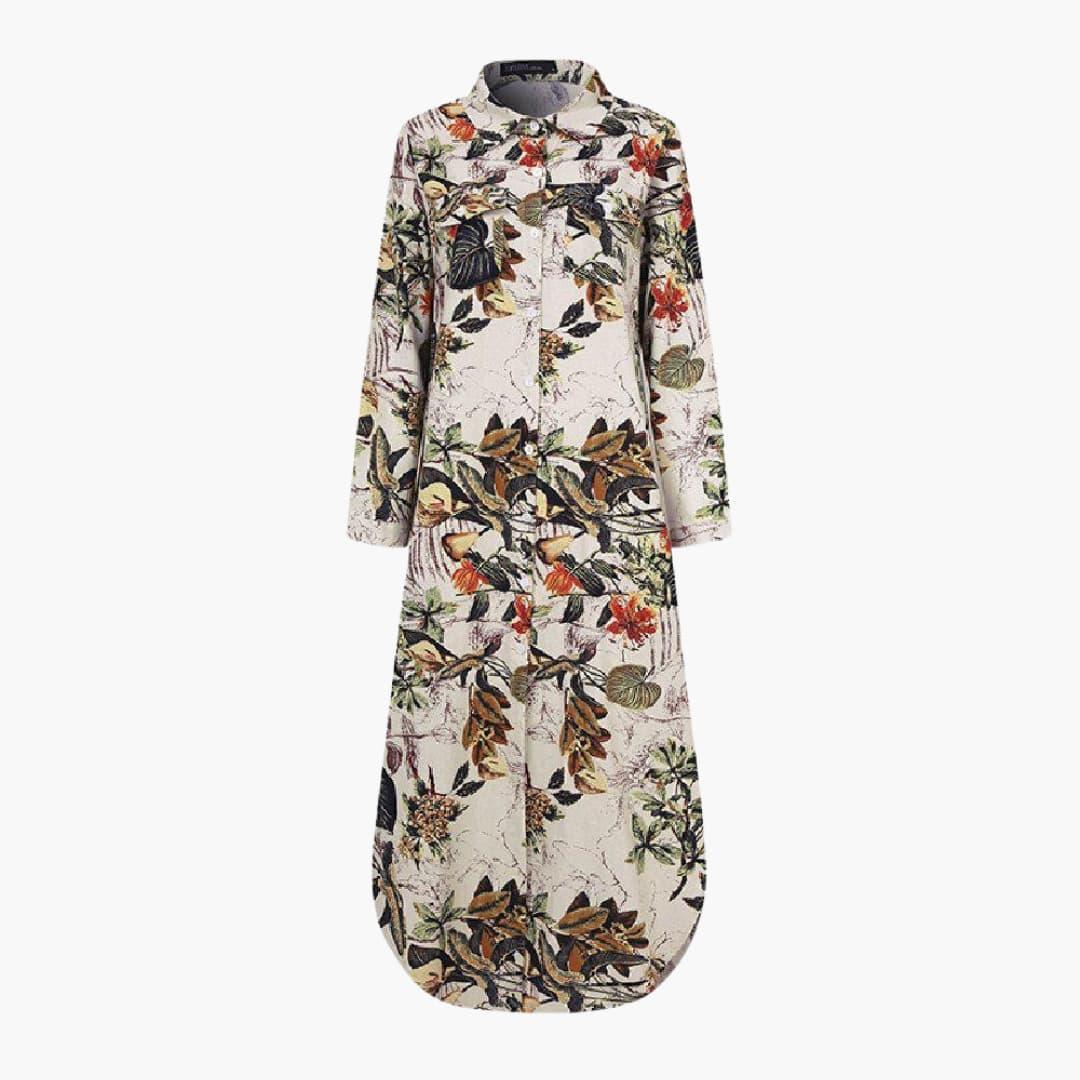 Women's Loose Fit Midi Dress with Floral Print and Button-Down Style