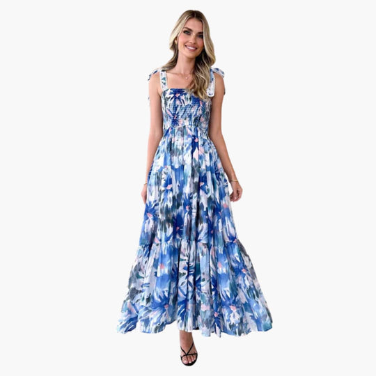 Women's Maxi Dress with Shirred Bodice and Tie Straps