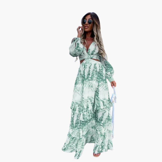 Women's Long Dress with Fitted Waist and Cut-Out Detail