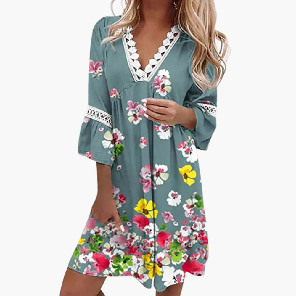 Women's Boho Dress with V-Neck and Lace Trim