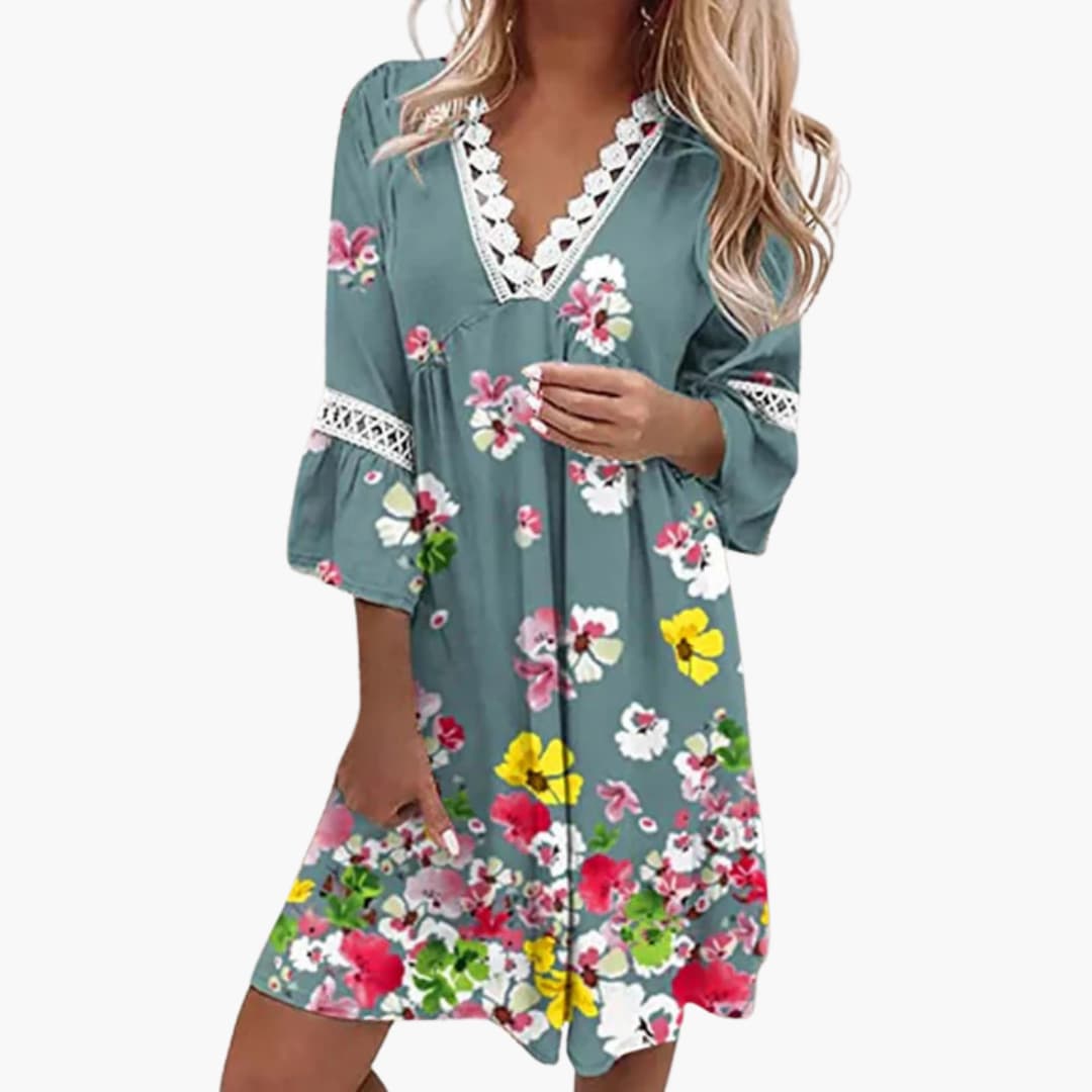 Women's Boho Dress with V-Neck and Lace Trim