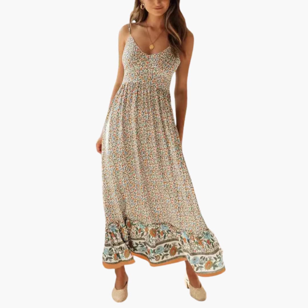 Women's Maxi Dress with Boho Floral Print and Thin Straps