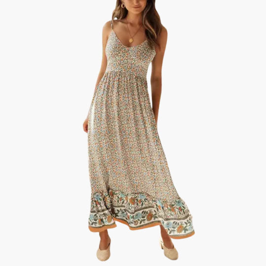 Women's Maxi Dress with Boho Floral Print and Thin Straps
