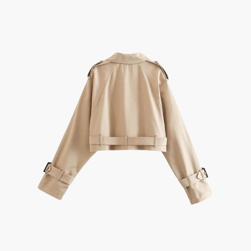 Women’s Cropped Trench Coat with Front Buttons and Waist Tie