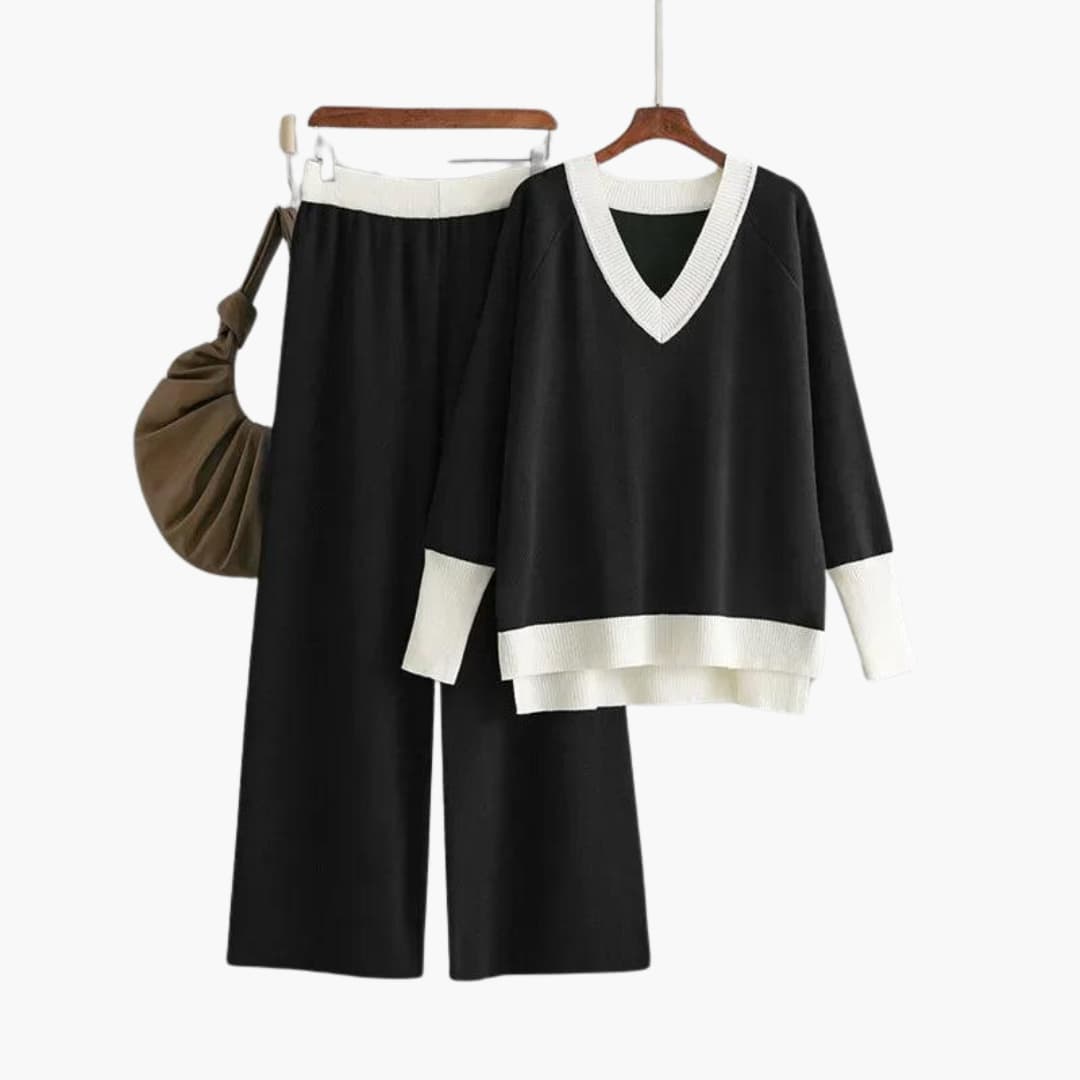 Women's Sweater Set with V-Neck Design and Wide-Leg Trousers