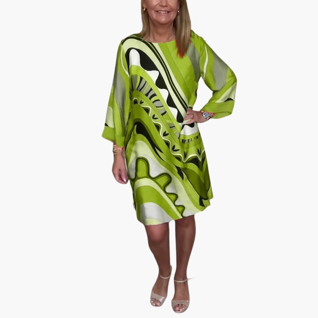 Women's Printed Midi Dress with Bell Sleeves and V-Neck