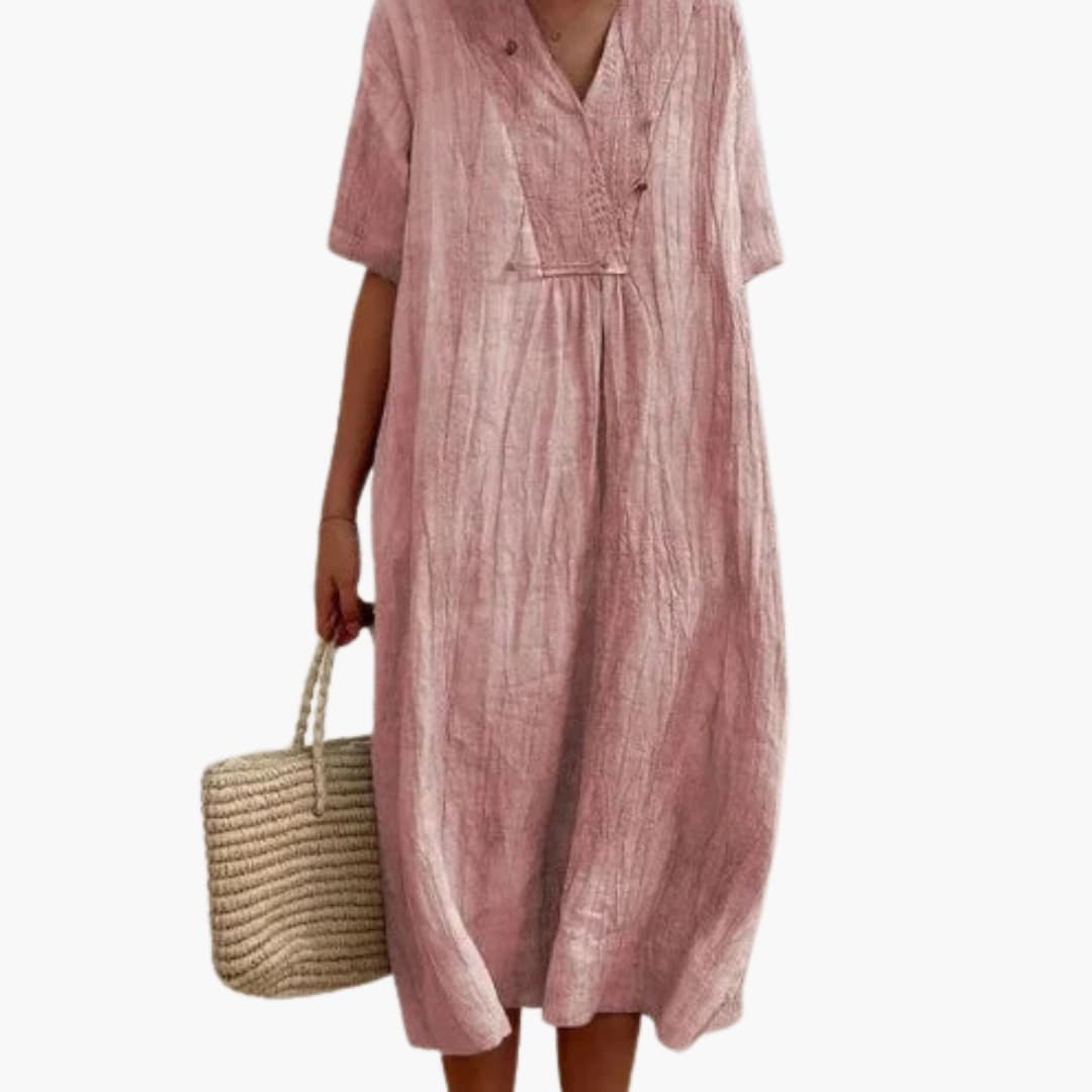 Women's Midi Dress with V-Neck and Short Sleeves