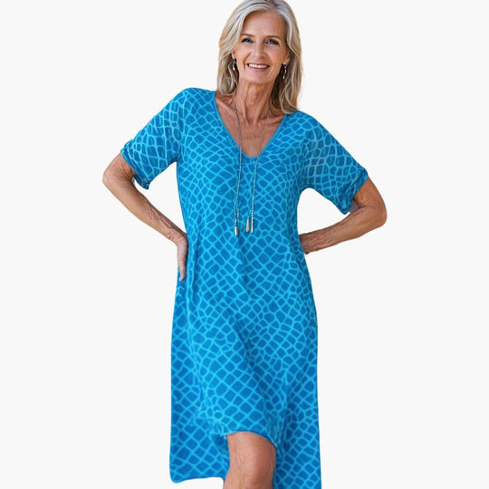 Women's Floral Print Midi Dress with Short Sleeves and V-neck