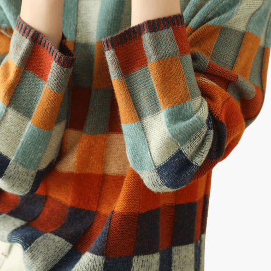 Women's Patchwork Turtleneck Jumper with Long Sleeves and Ribbed Cuffs