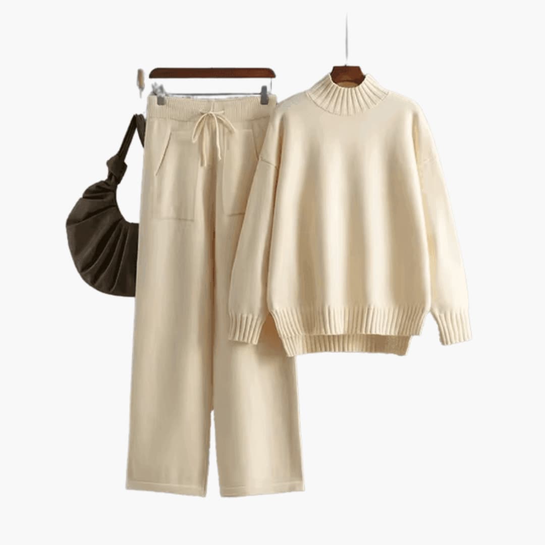 Women's Turtleneck Jumper Set with Relaxed Fit and Wide-Leg Trousers