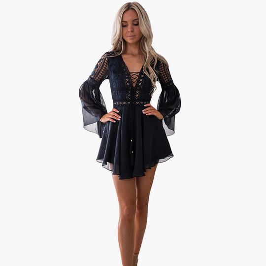Women’s Mini Dress with Lace‑Up and Bell Sleeves