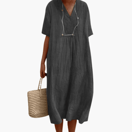 Women's Midi Dress with Short Sleeves and V-Neck